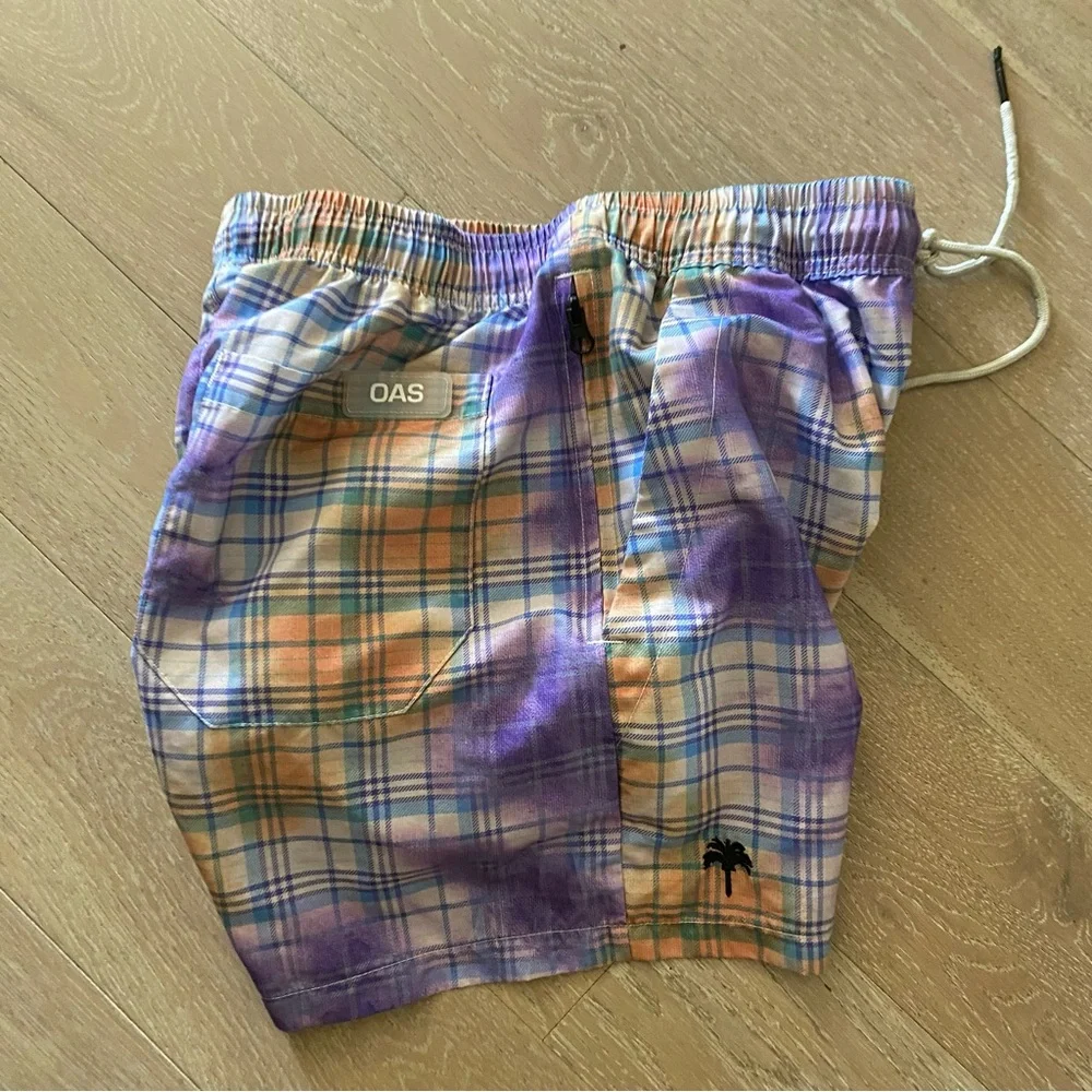 OAS TARTAN TIE DYED 4’ inch swim trunks pockets elastic drawstring waist M